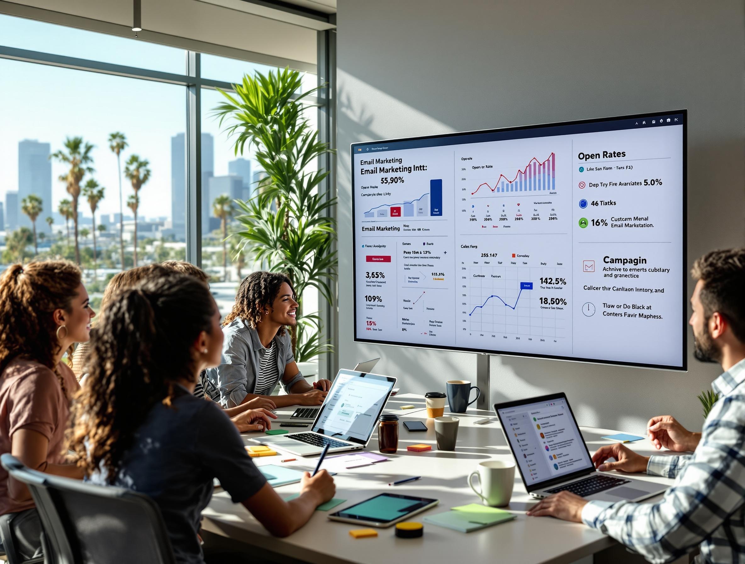 Team analyzing marketing dashboard in modern office.
