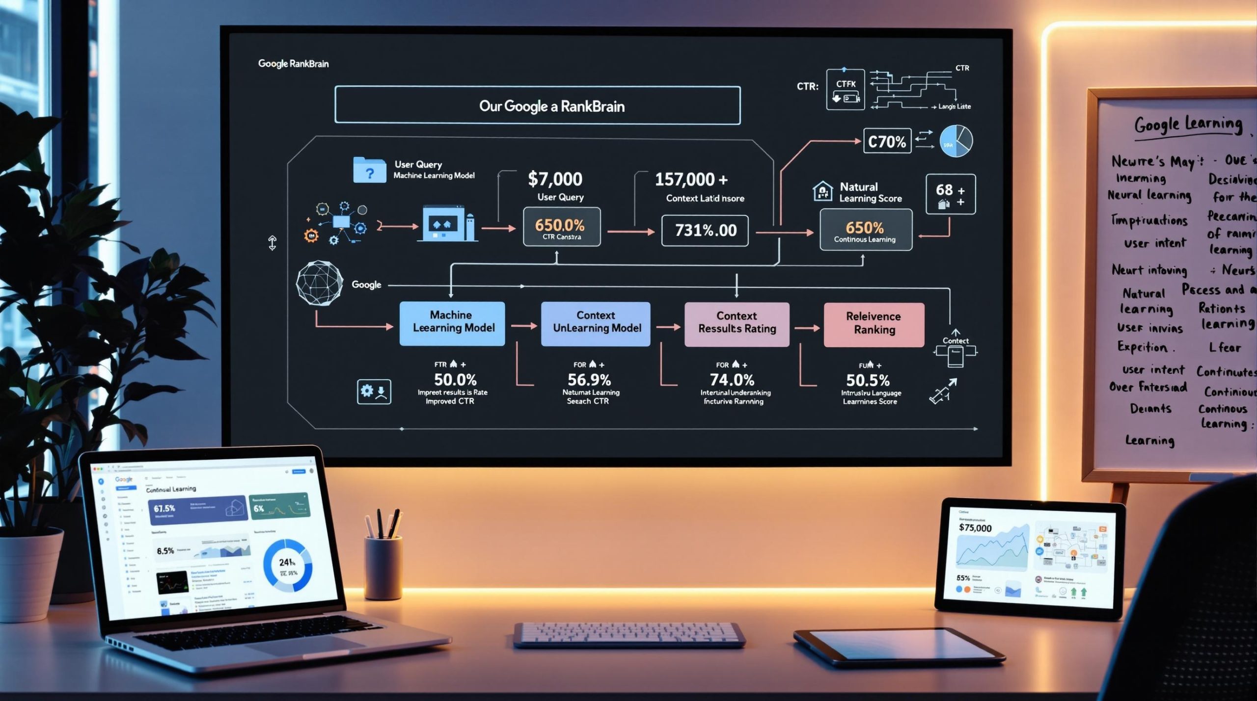 Workspace with screens showing machine learning models
