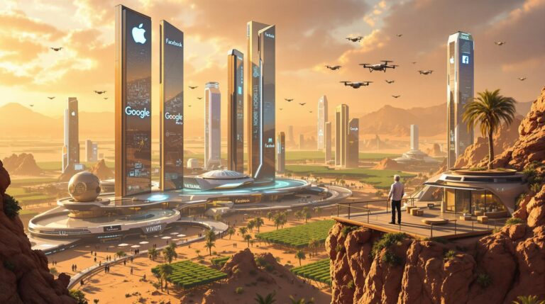 Futuristic cityscape with tall skyscrapers and flying drones.