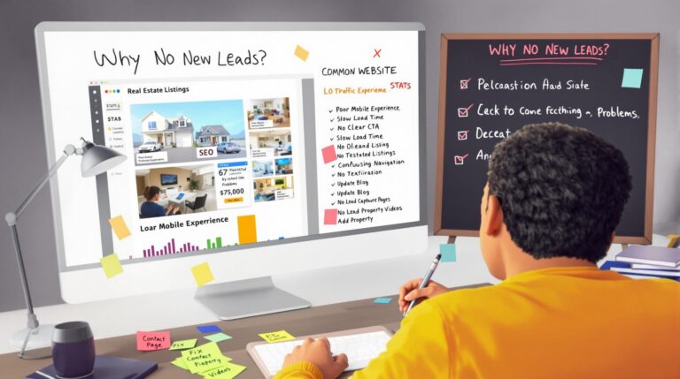 Analyzing real estate leads on computer and chalkboard.