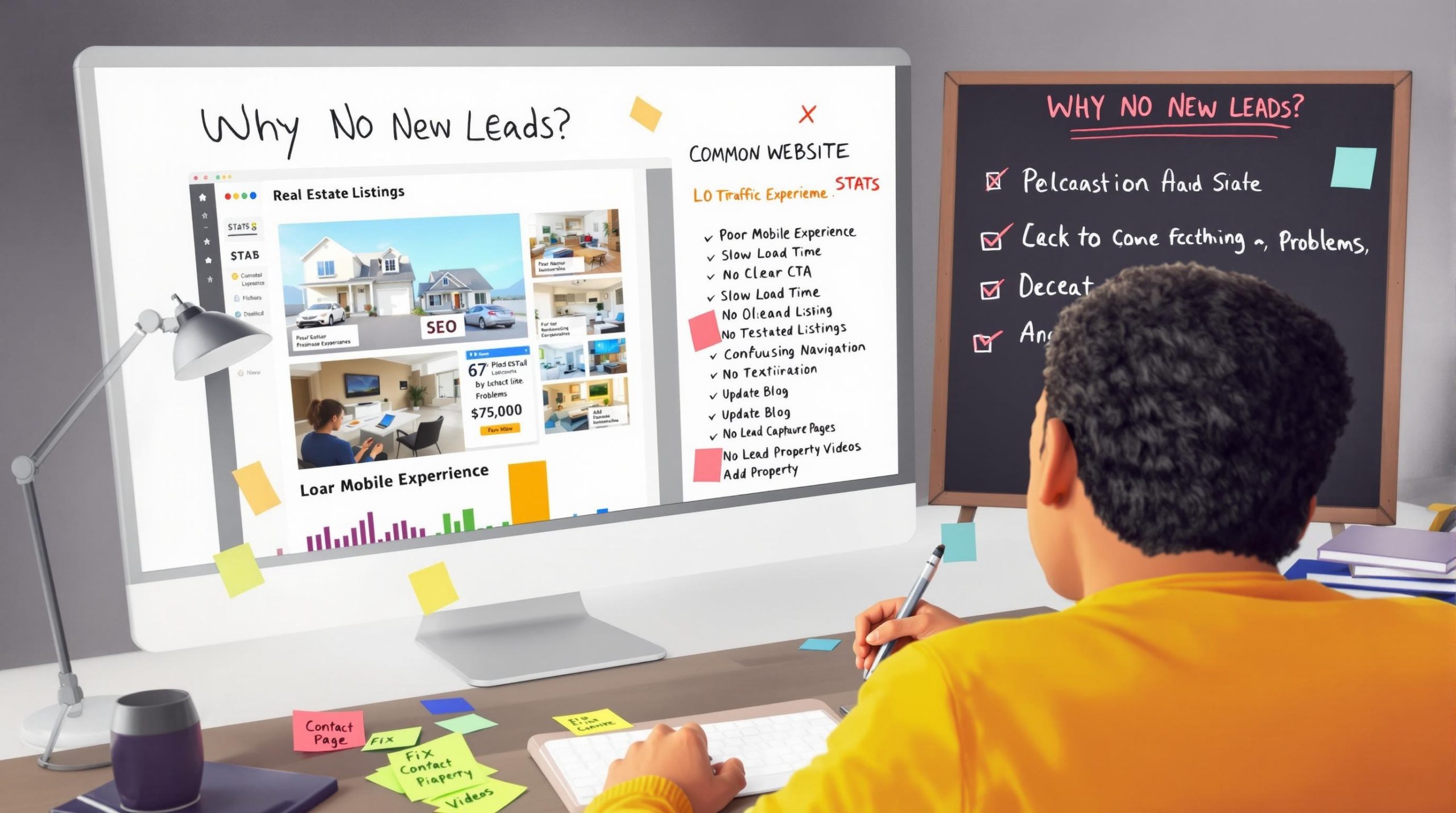 Analyzing real estate leads on computer and chalkboard.