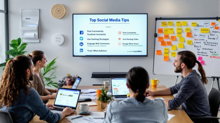 Team discusses social media strategies in office.