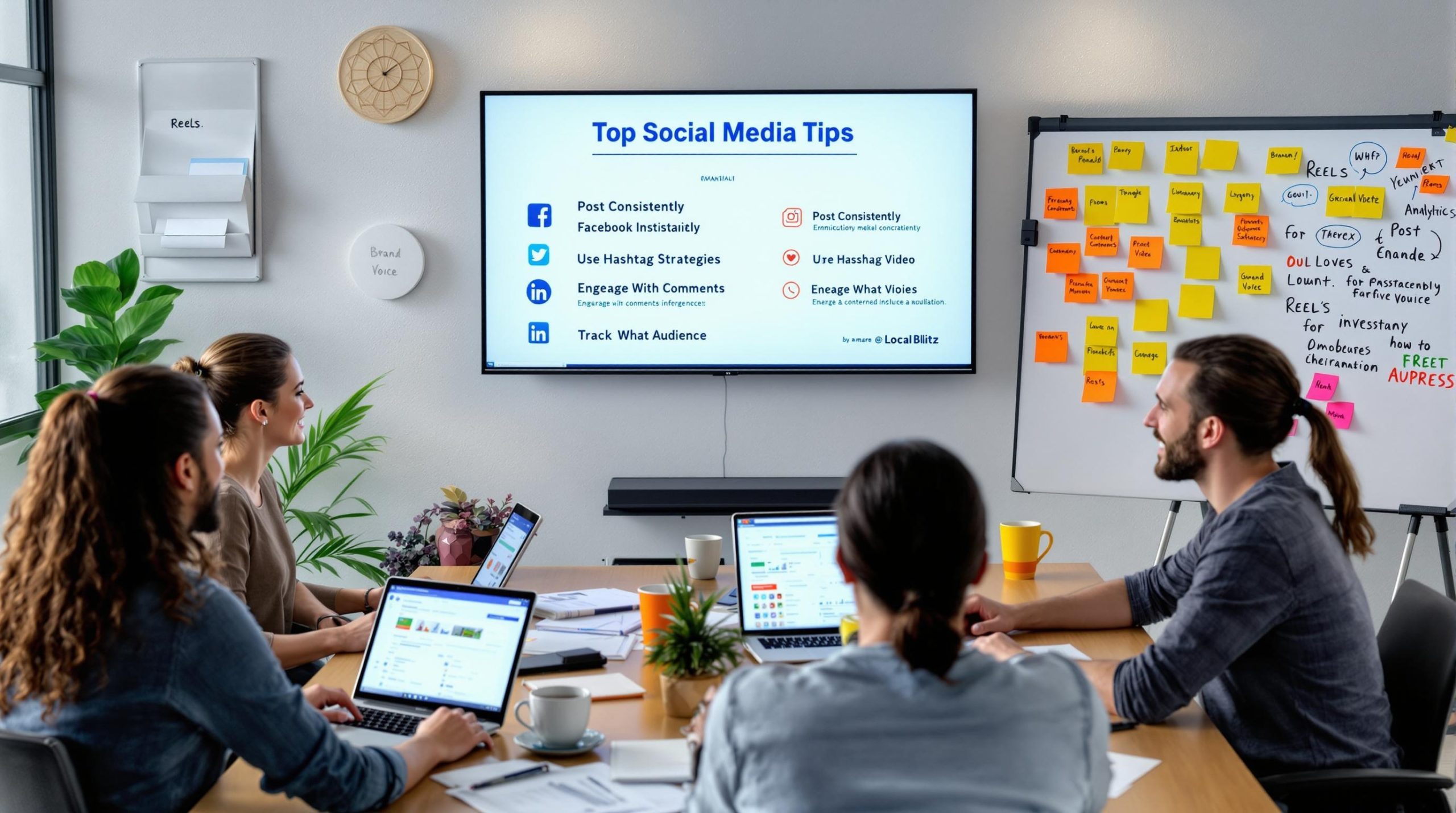 Team discusses social media strategies in office.