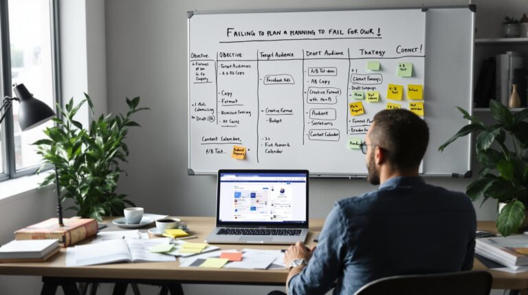 Man planning marketing strategy on whiteboard