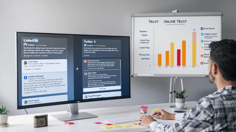 Person analyzing online trust metrics on screens.