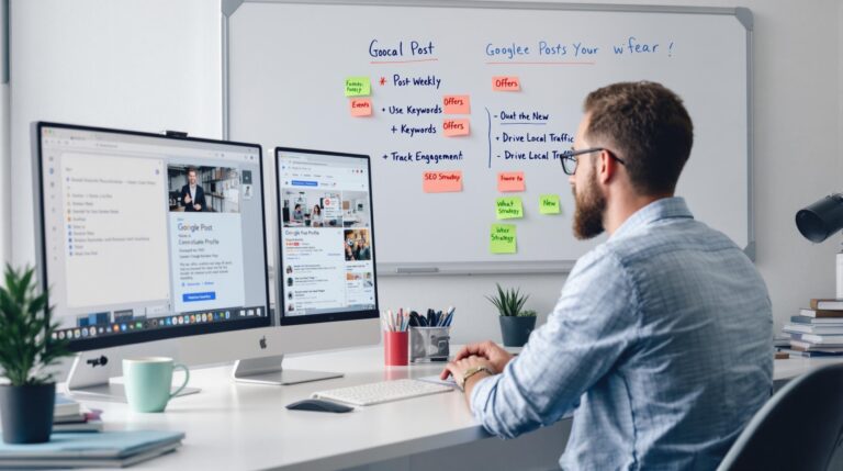 Man working at desk with computer and whiteboard.