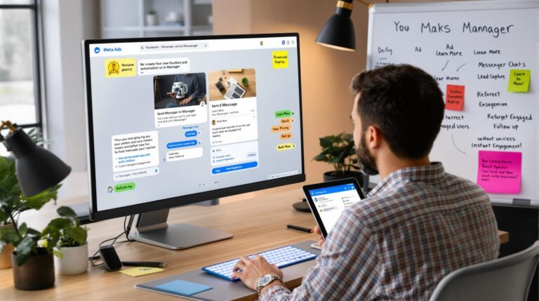 Person using marketing software on computer and tablet.