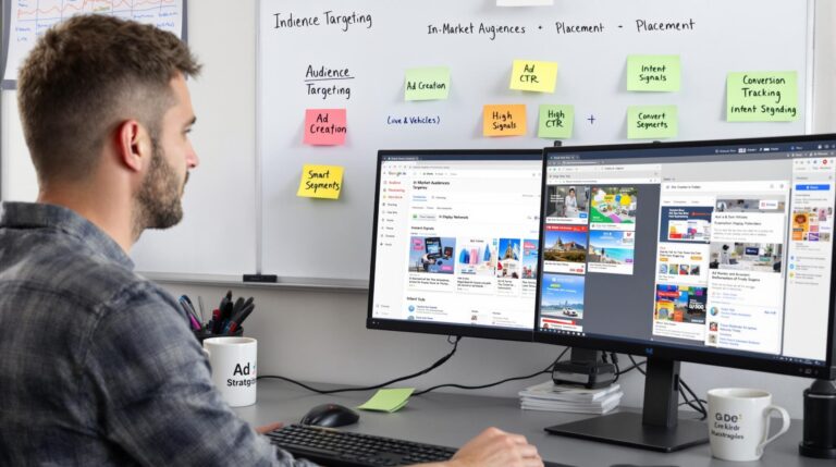 Person working on digital marketing strategy at desk.