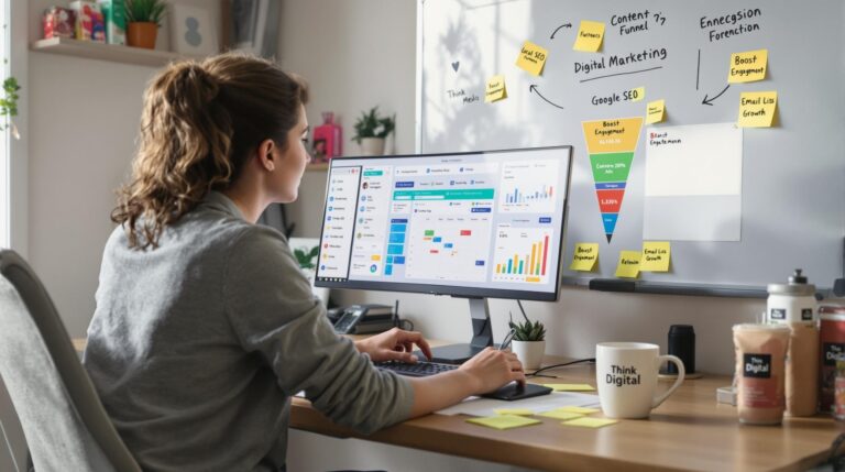 Woman analyzing digital marketing data on computer