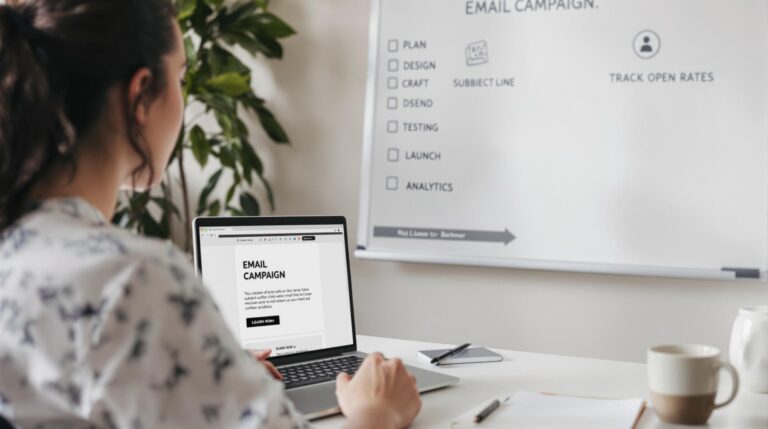 Person working on email campaign plan on laptop.