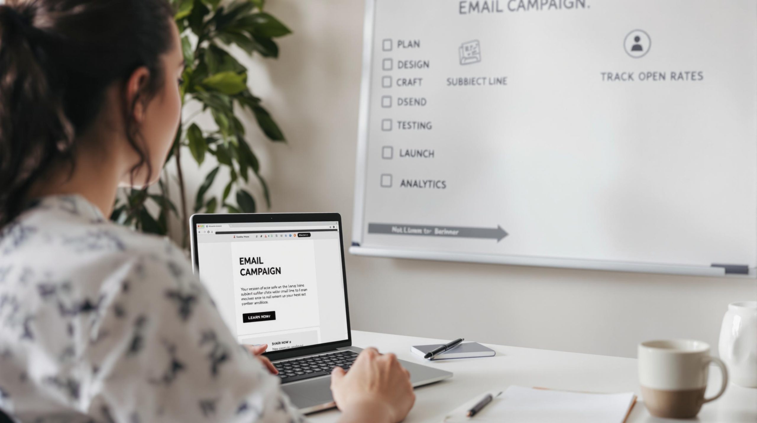 Person working on email campaign plan on laptop.
