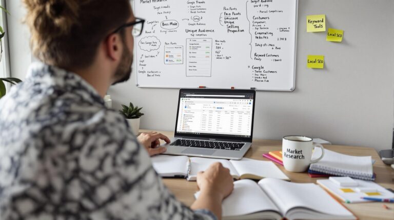 Person analyzing marketing data on laptop and whiteboard.