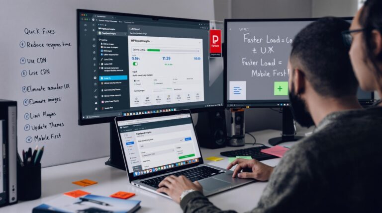 Two people analyzing website speed optimization on screens.
