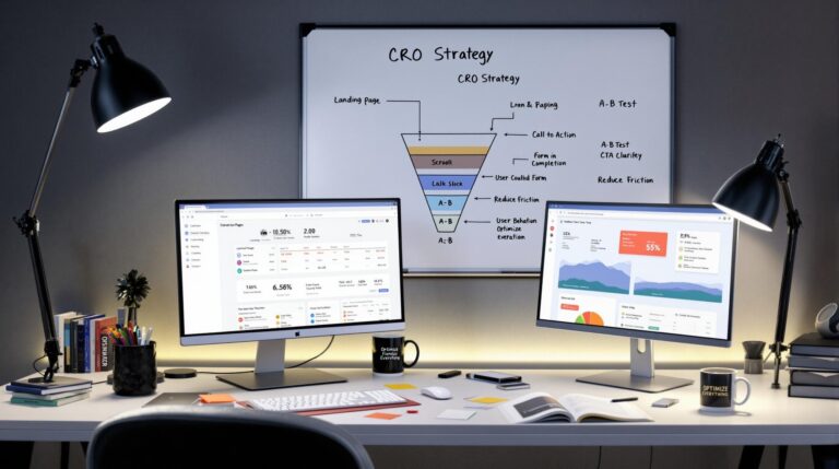 Office desk with digital marketing strategy displayed