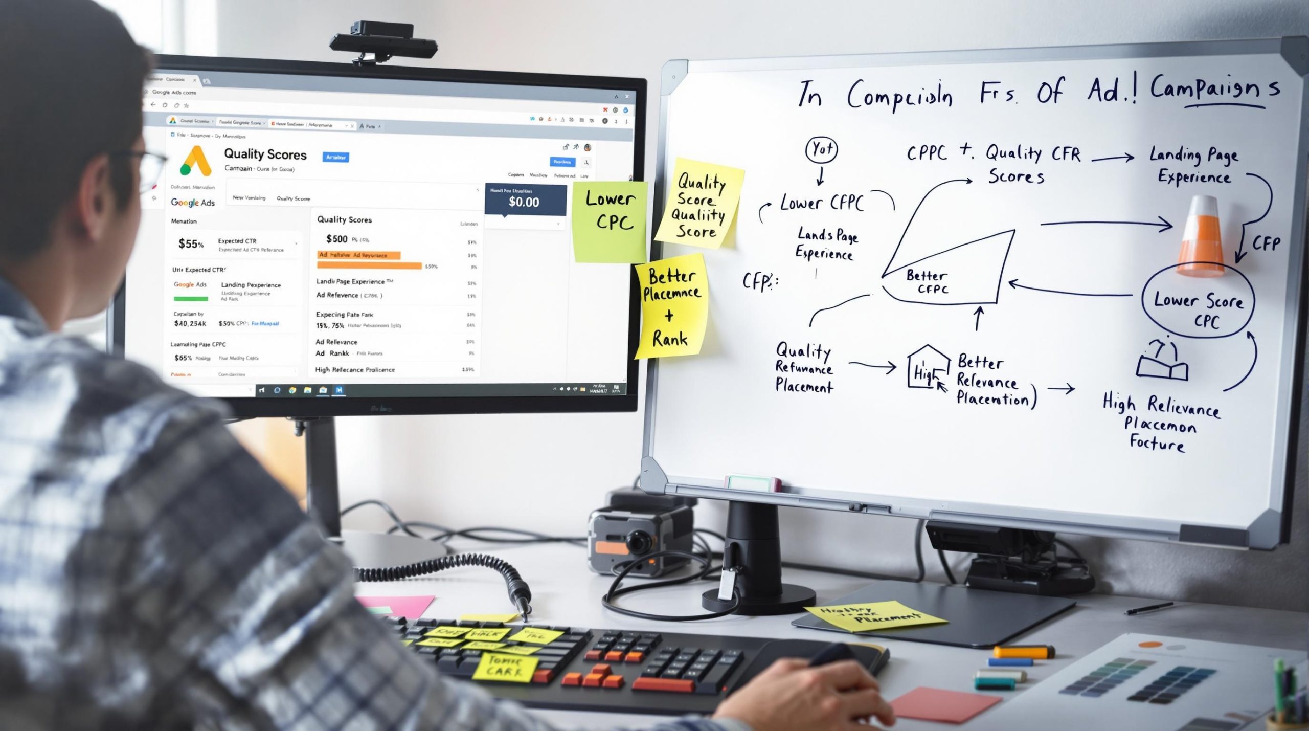 Analyzing marketing metrics on computer and whiteboard