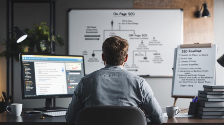 Person analyzing SEO strategies on computer and whiteboard.