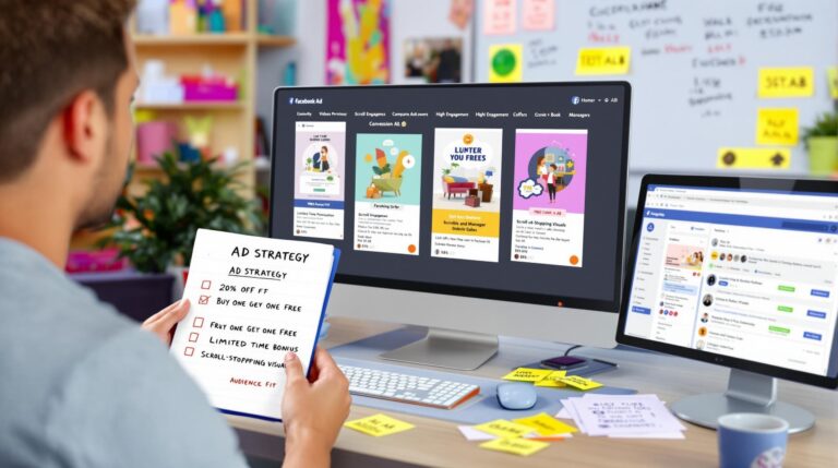 Man planning ad strategy at desk with computer.