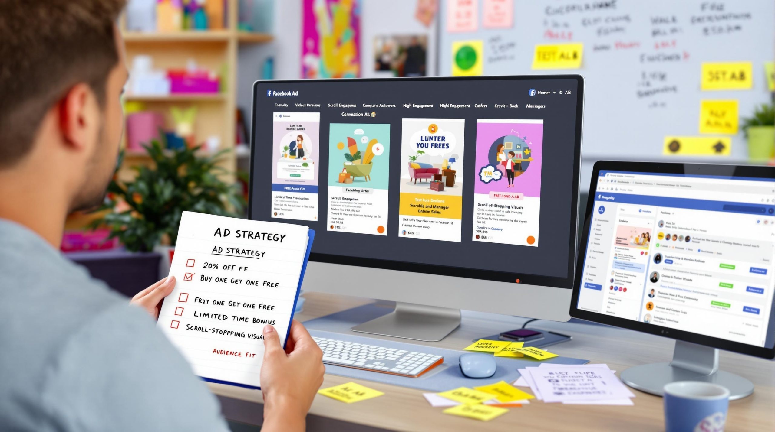 Man planning ad strategy at desk with computer.
