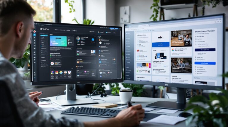 Person using dual monitors with web design software.