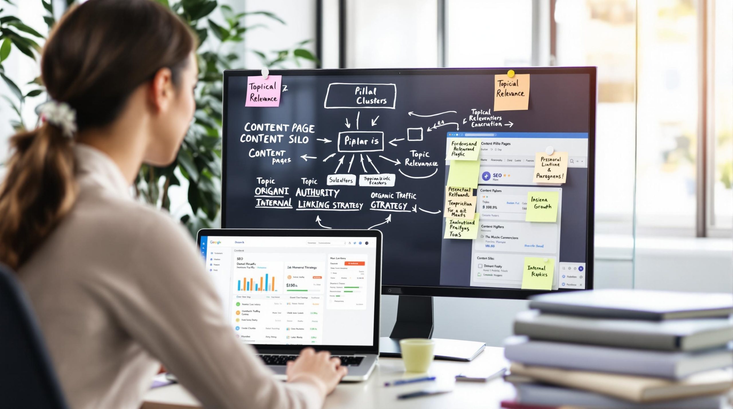 Woman analyzing SEO content strategy on computer screens.