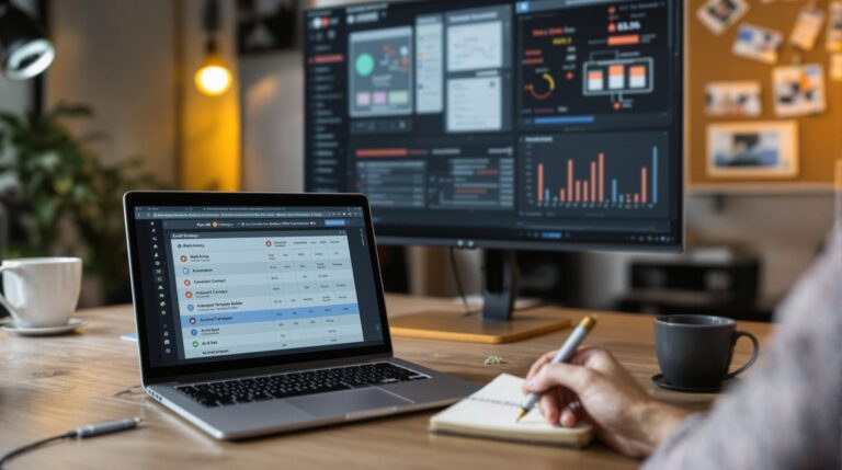 Person analyzing data on laptop and monitor.