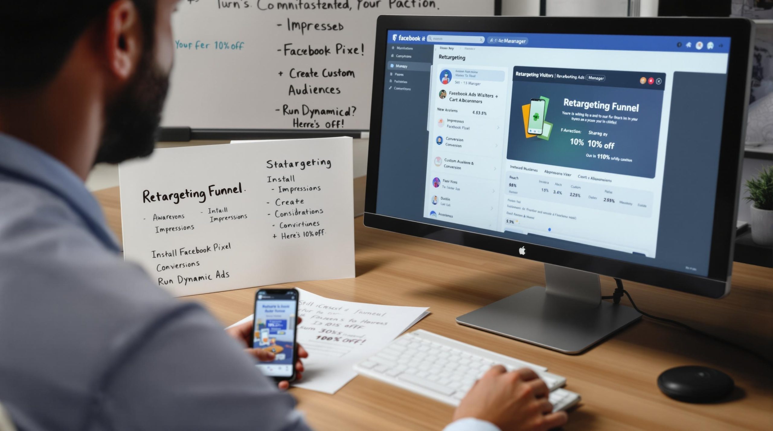 Person managing Facebook ad campaign on computer and phone.