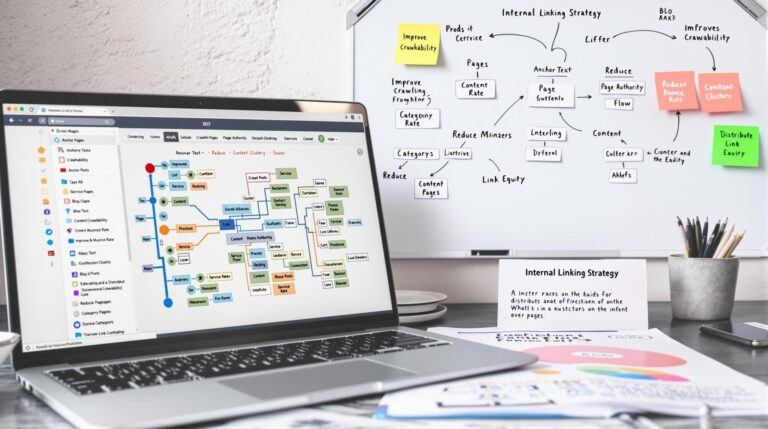 Laptop showing website architecture diagram for SEO strategy.