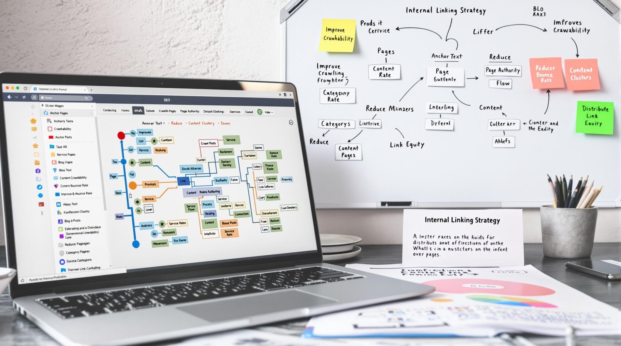 Laptop showing website architecture diagram for SEO strategy.