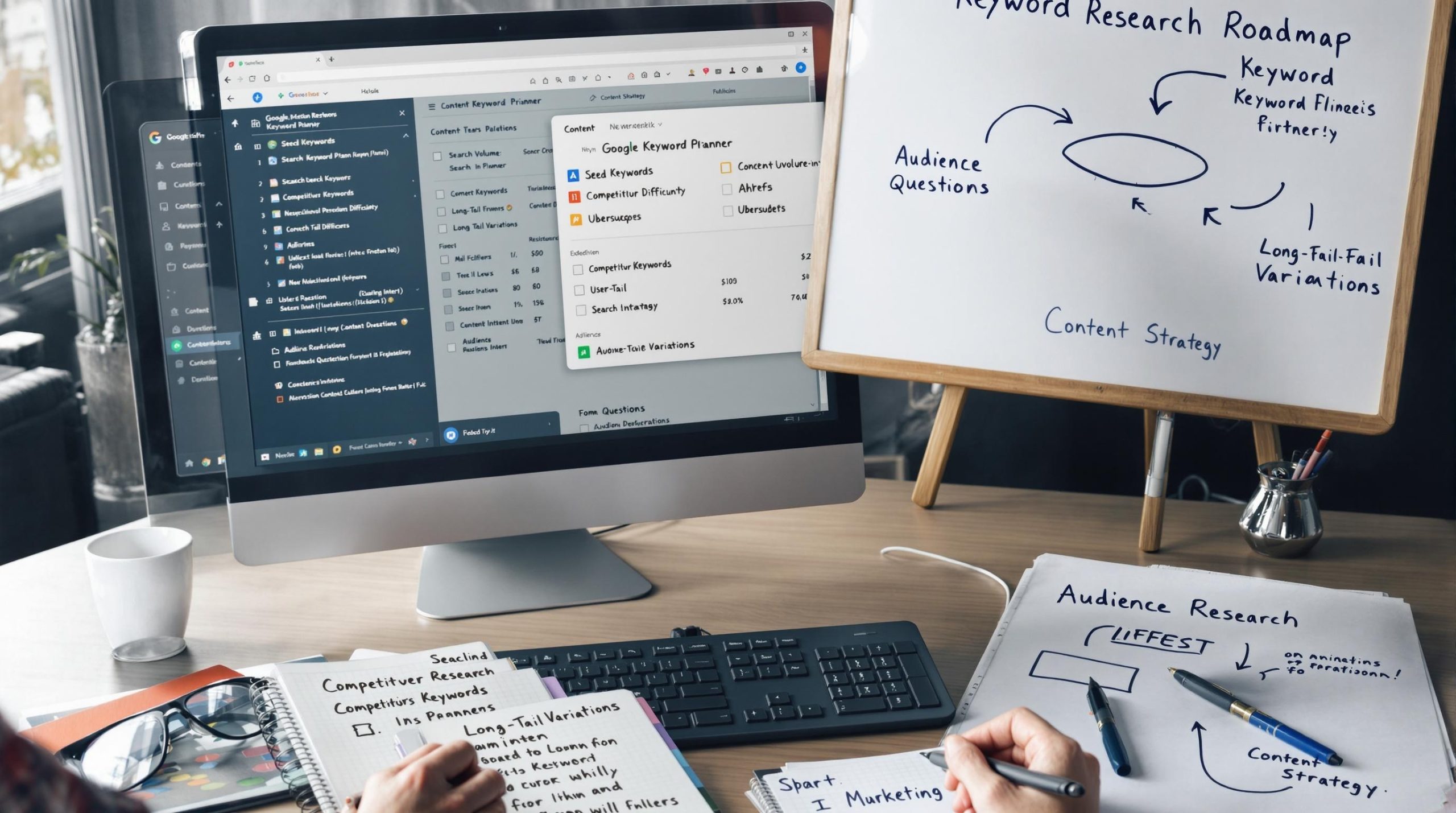 Keyword research and strategy planning on computer and whiteboard.