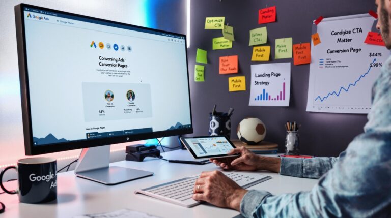Person analyzing online ad conversion data on devices.