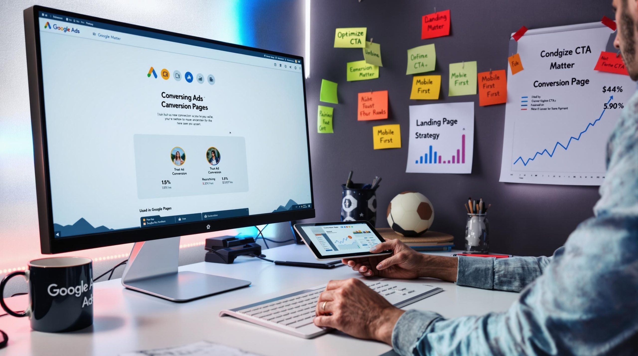 Person analyzing online ad conversion data on devices.
