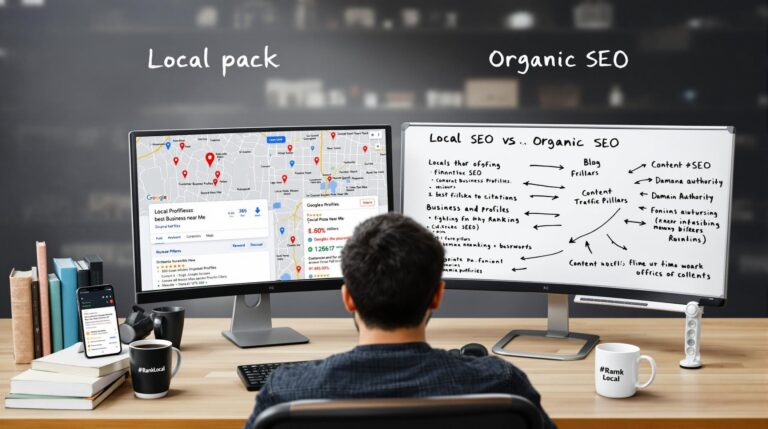 Man comparing local and organic SEO on screens.