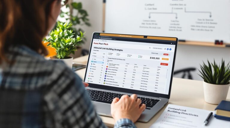 Person analyzing SEO link building data on laptop.