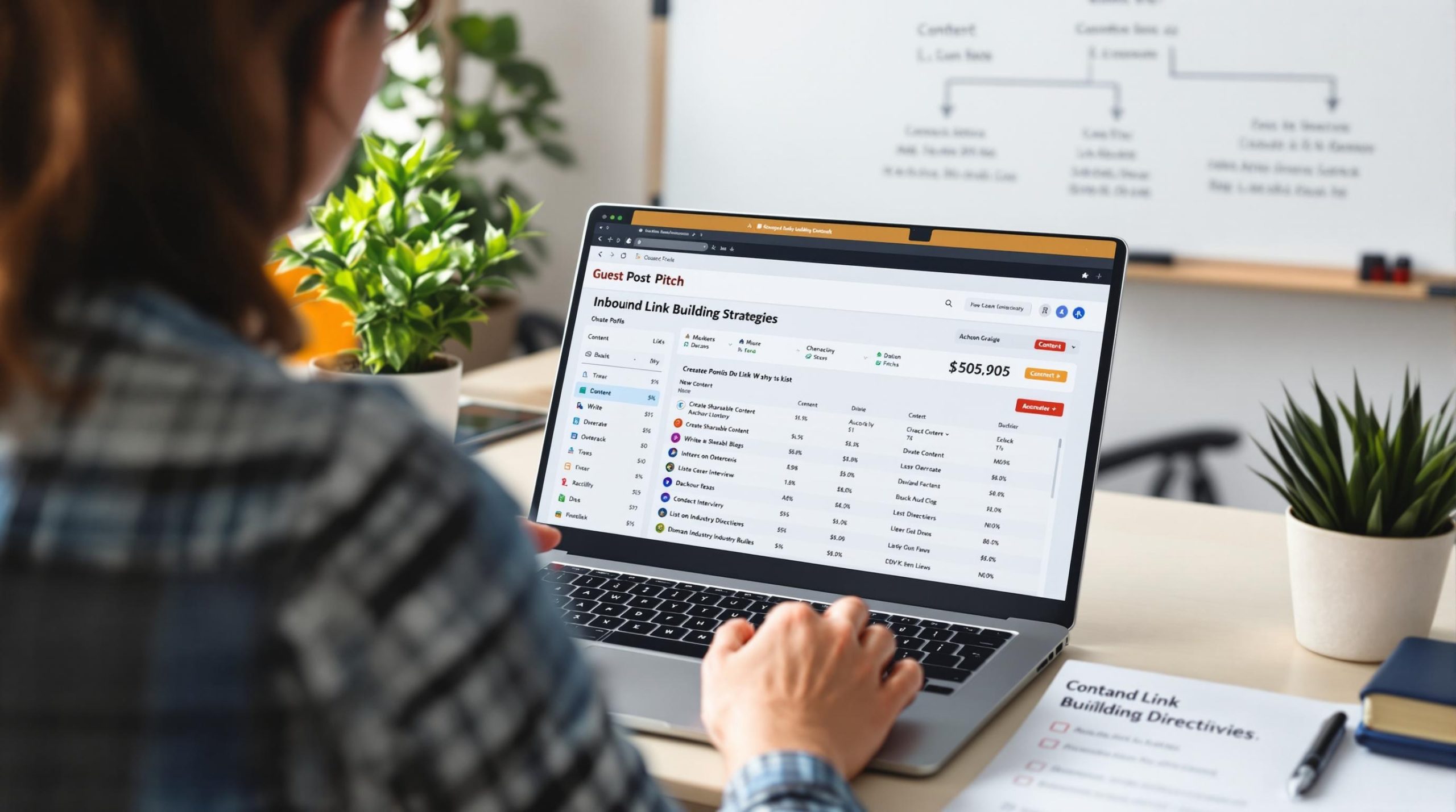 Person analyzing SEO link building data on laptop.