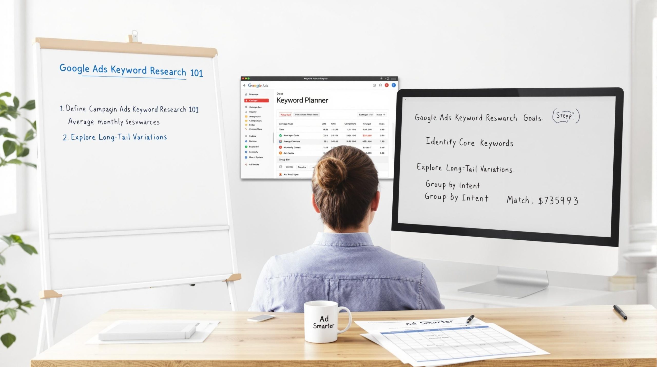 Person researching Google Ads keywords at desk