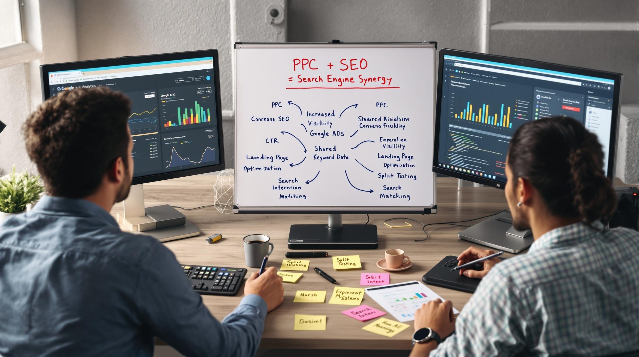 Two people analyzing SEO data on screens.