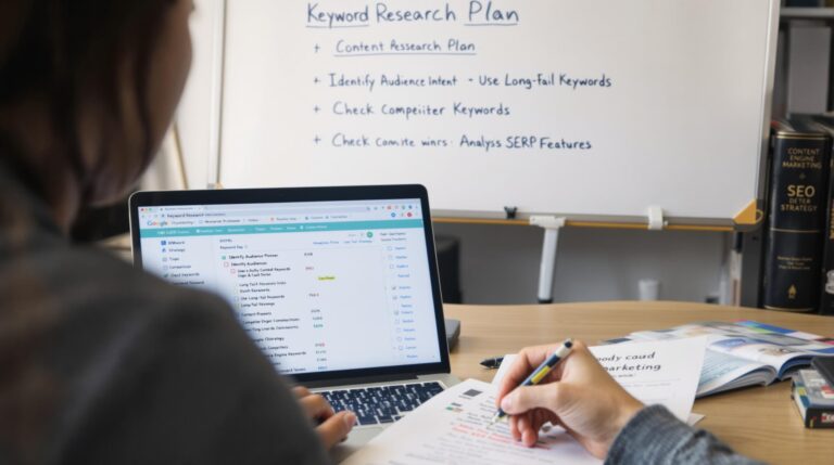 Person researching keywords on laptop and whiteboard.