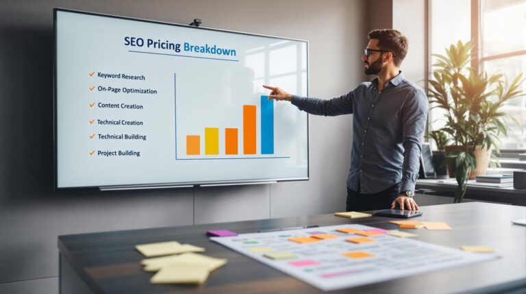 Man presenting SEO pricing breakdown on screen