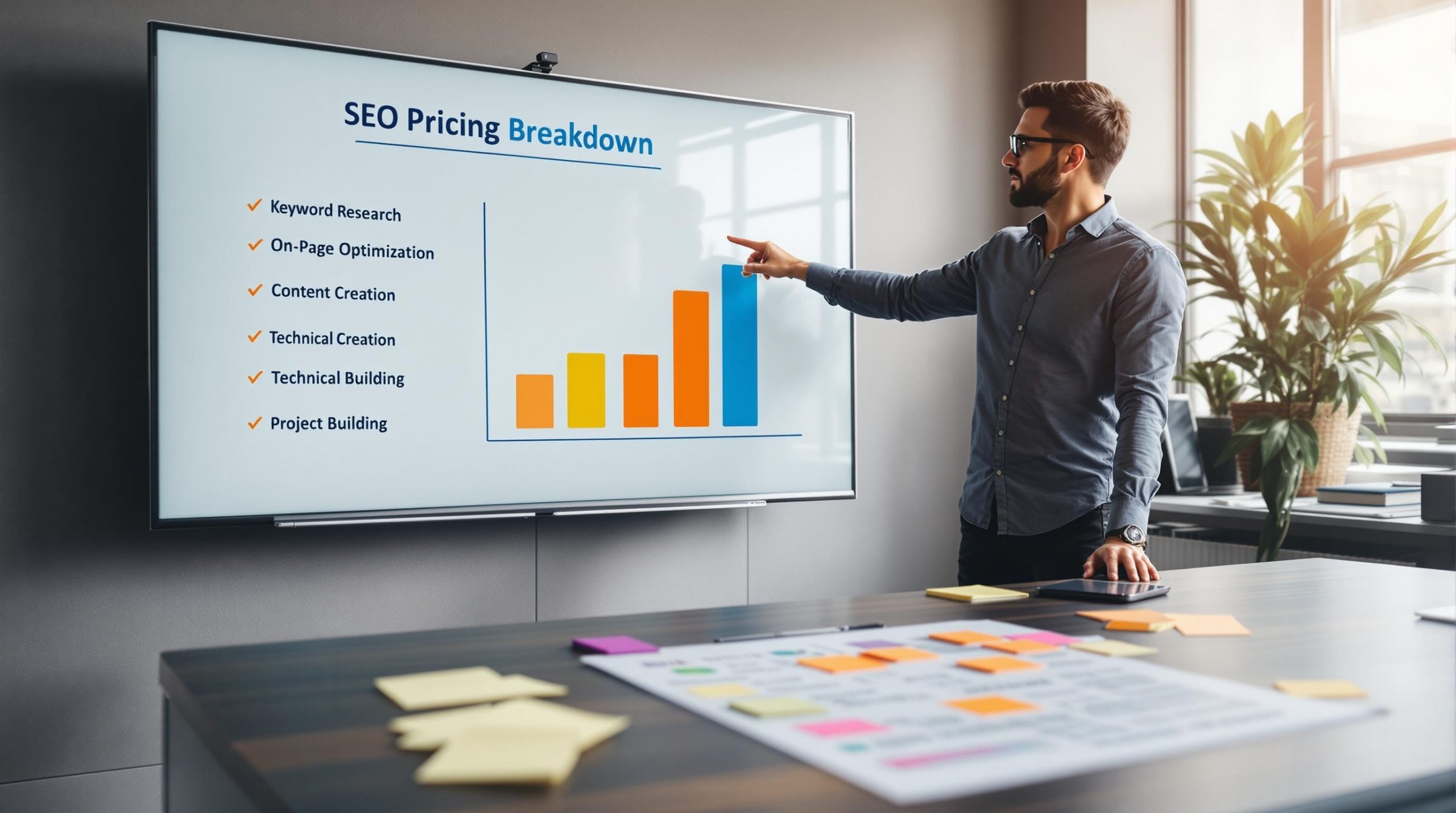Man presenting SEO pricing breakdown on screen