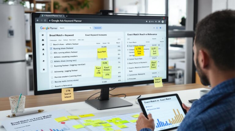 Person analyzing keyword planner data on computer screen.