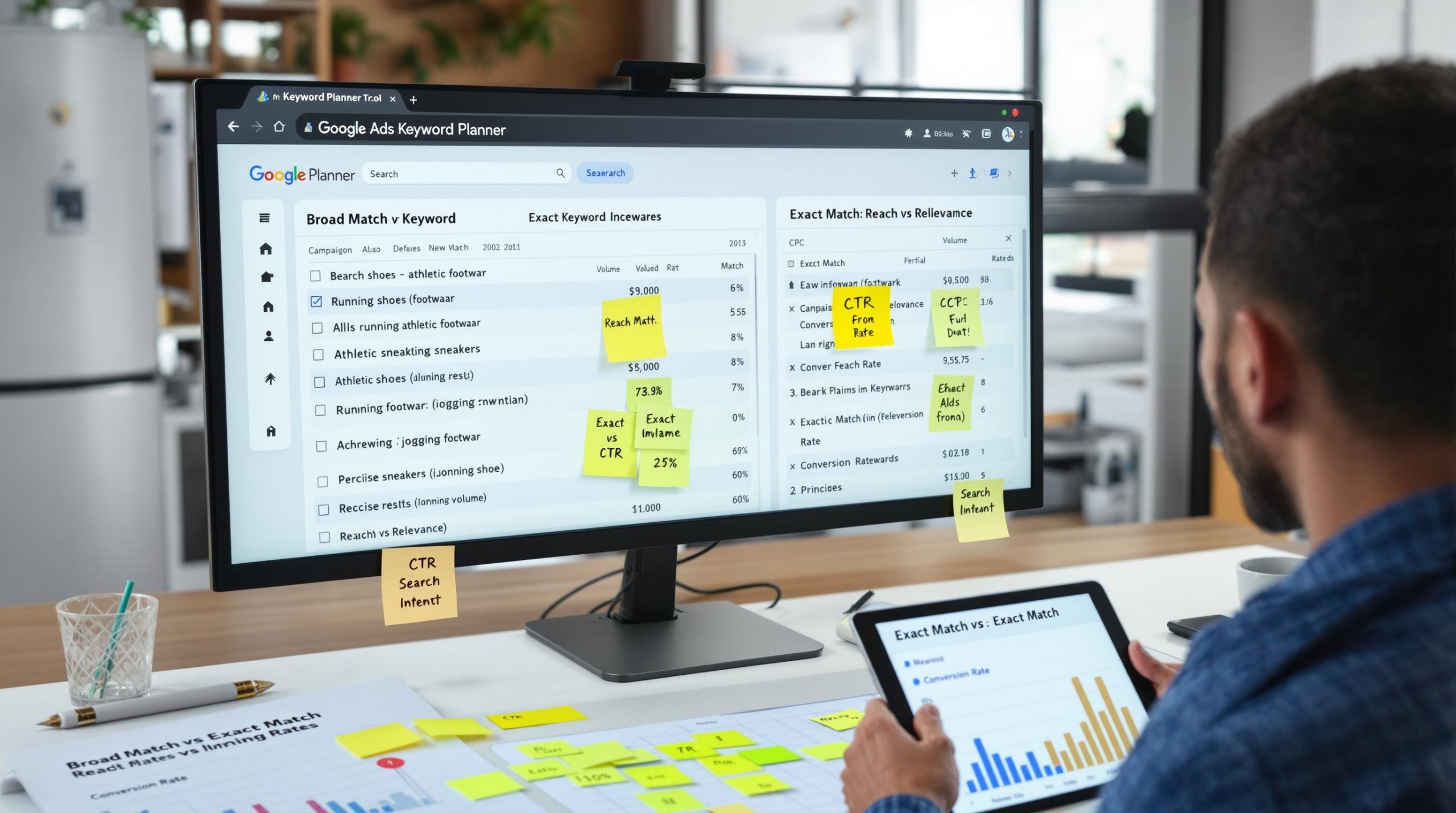 Person analyzing keyword planner data on computer screen.