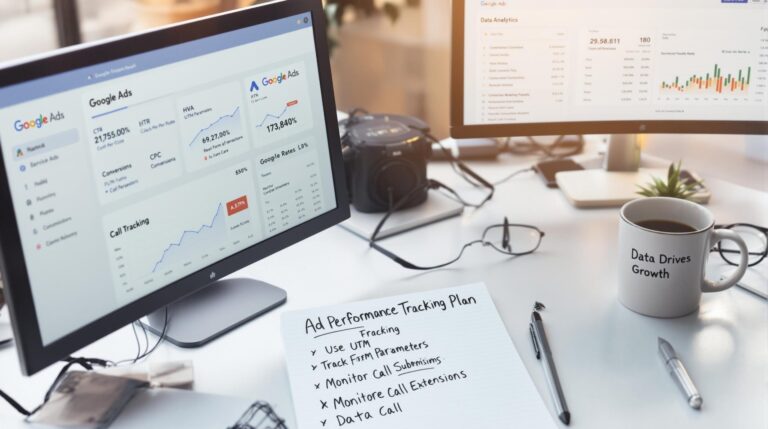 Monitors displaying Google Ads analytics and data insights.