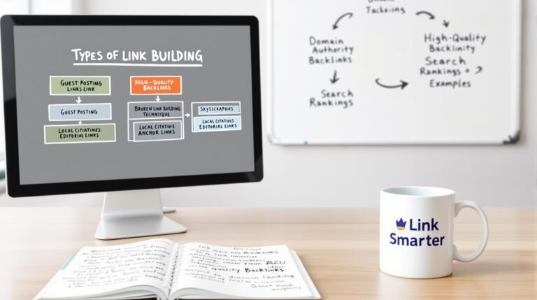 Link building strategies on screen and notebook.
