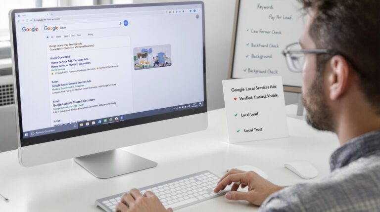 Man using computer for Google Local Services Ads