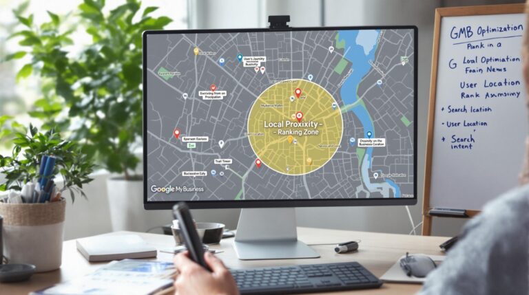 Local SEO map on computer screen with notes.