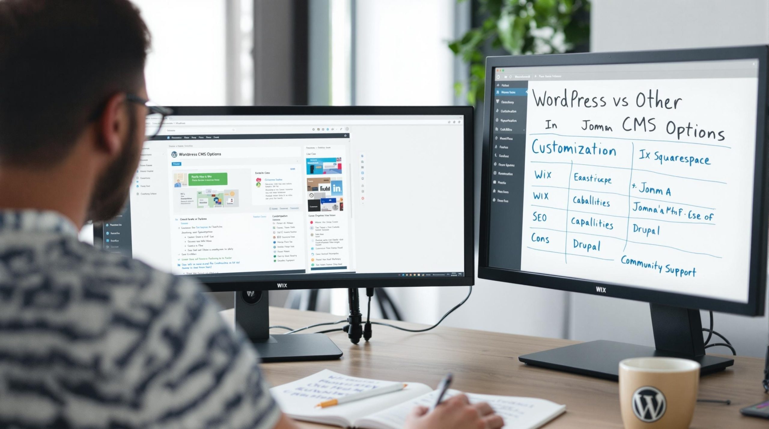Person comparing CMS options on dual monitors.