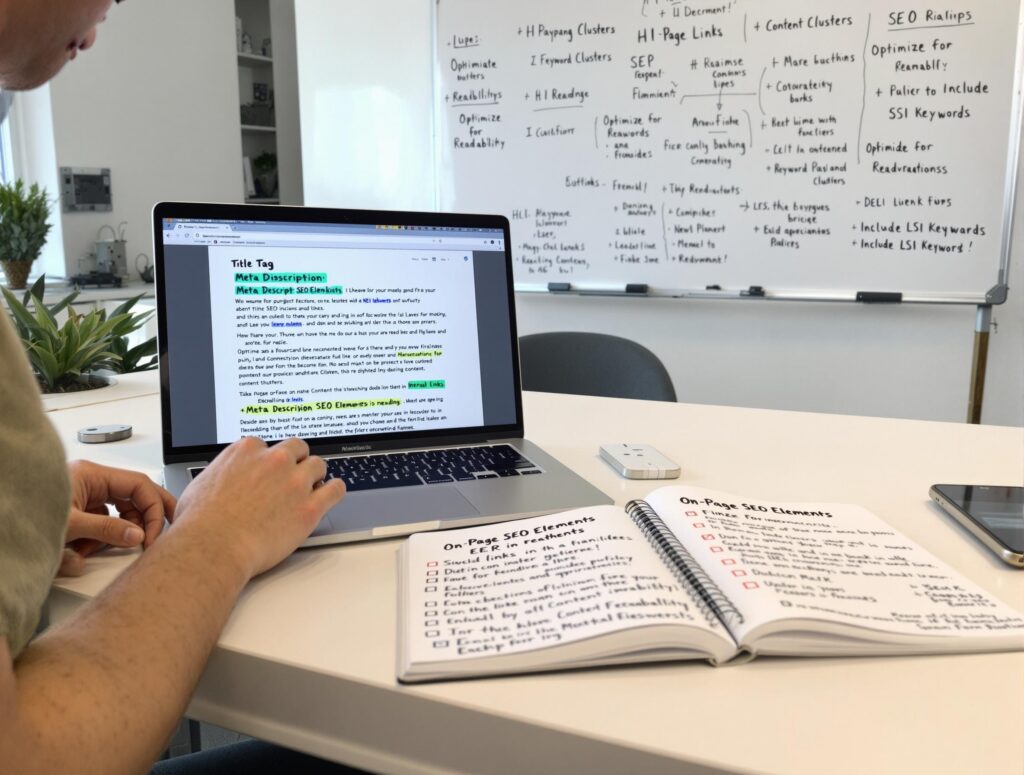 Person working on SEO checklist and laptop.