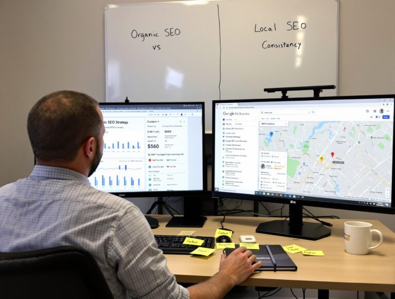 Person analyzing SEO strategies on dual monitors.