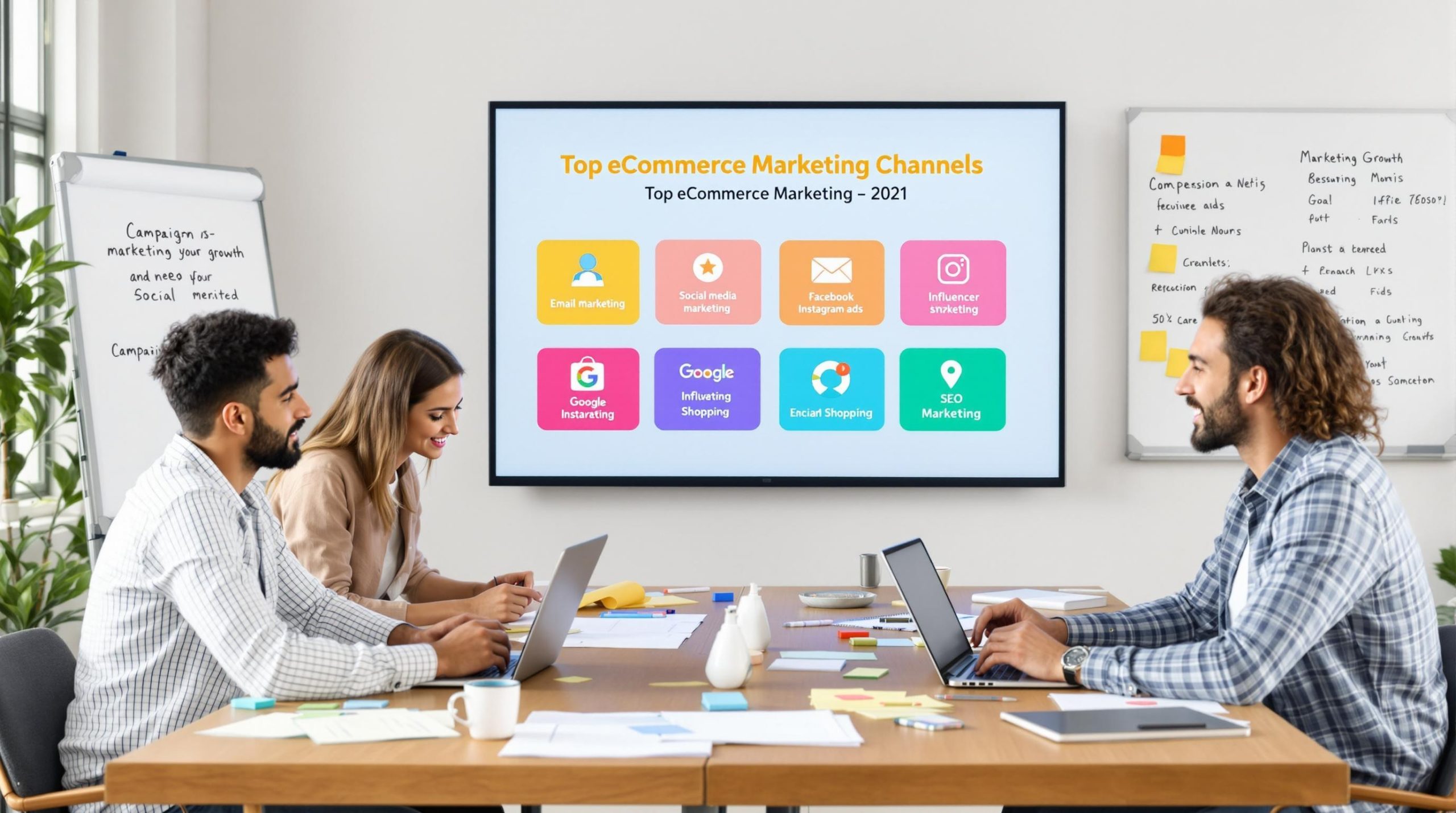 Team discussing eCommerce marketing strategies presentation.