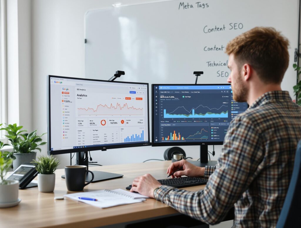 Man analyzing data on dual computer screens.